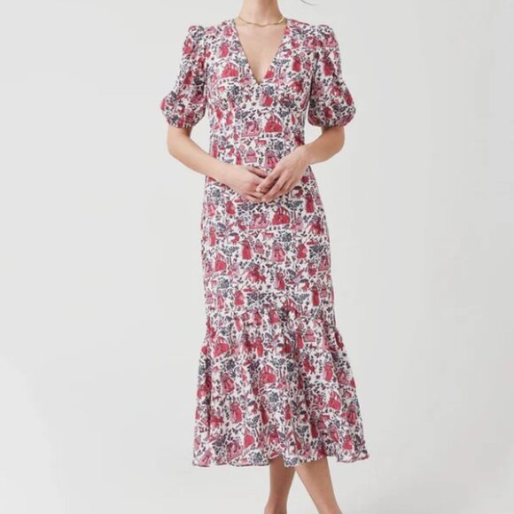 RHODE Ester Midi Dress White, Red, and Pink 'Romance Pink' Print - Size 10 - Picture 1 of 9